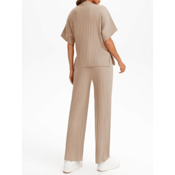 Tankaneo Womens Sweater Sets 2 Piece Outfits Knit Mock Neck Tops and Elastic Waist Pants Sets Casual Loungewear Set Khaki