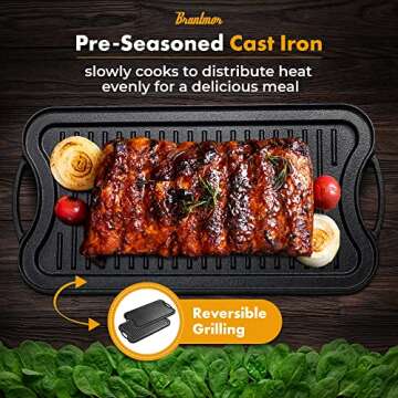 Bruntmor 2-In-1 Cast Iron Skillet Rectangle Roasting Pan With Reversible Griddle Pan For Stove Top -...