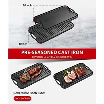 Bruntmor 2-In-1 Cast Iron Skillet Rectangle Roasting Pan With Reversible Griddle Pan For Stove Top - 20"x10" Multi Cooker Deep Roasting Grill Pan, Non-Stick Camping Cookware