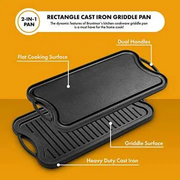 Bruntmor 2-In-1 Cast Iron Skillet Rectangle Roasting Pan With Reversible Griddle Pan For Stove Top - 20"x10" Multi Cooker Deep Roasting Grill Pan, Non-Stick Camping Cookware