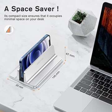 OMOTON Vertical Laptop Stand, [Adjustable Stand] [Space Saving] Desktop Holder Stand for MacBooks, Notebooks, Aluminum, Black (Silver)