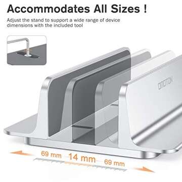 OMOTON Vertical Laptop Stand, [Adjustable Stand] [Space Saving] Desktop Holder Stand for MacBooks, Notebooks, Aluminum, Black (Silver)