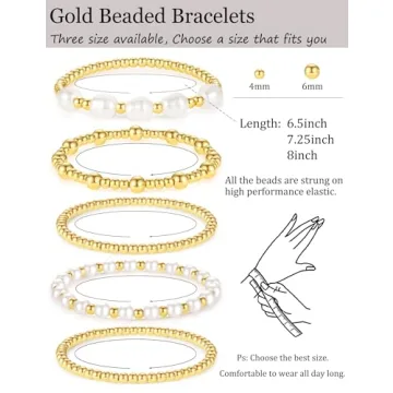 ZNBOH Gold Bracelets for Women Beaded Bracelet 18K Gold Plated Stretch Bracelet Stack Stackable Bead Ball Bracelet Set Non Tarnish Dainty Pearl Adjustable Trendy Gift Gold Jewelry for Women