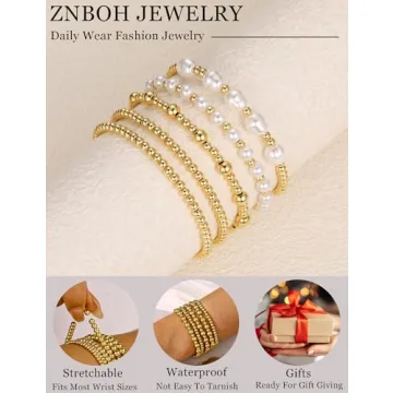 ZNBOH Gold Bracelets for Women Beaded Bracelet 18K Gold Plated Stretch Bracelet Stack Stackable Bead Ball Bracelet Set Non Tarnish Dainty Pearl Adjustable Trendy Gift Gold Jewelry for Women