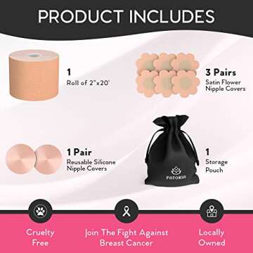 Patoria Boob Tape (20 ft) Boobytape, Body Tape, Bra Breast Lift Tape, 1 Pair of Silicone Nipple Cove...