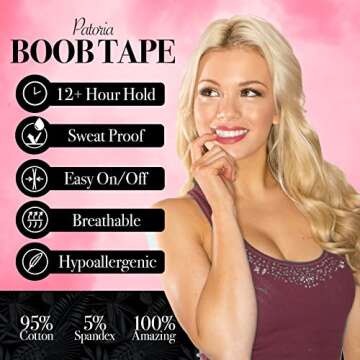 Patoria Boob Tape (20 ft) Boobytape, Body Tape, Bra Breast Lift Tape, 1 Pair of Silicone Nipple Covers, 3 Pairs of Satin Breast Petals (Sizes AA - D)