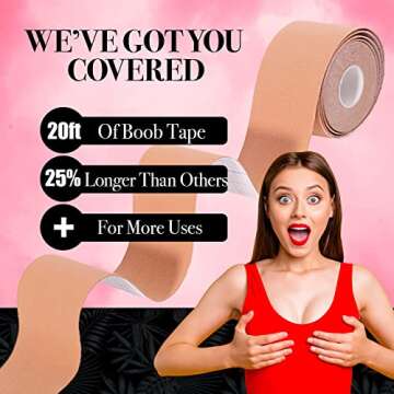 Patoria Boob Tape (20 ft) Boobytape, Body Tape, Bra Breast Lift Tape, 1 Pair of Silicone Nipple Covers, 3 Pairs of Satin Breast Petals (Sizes AA - D)