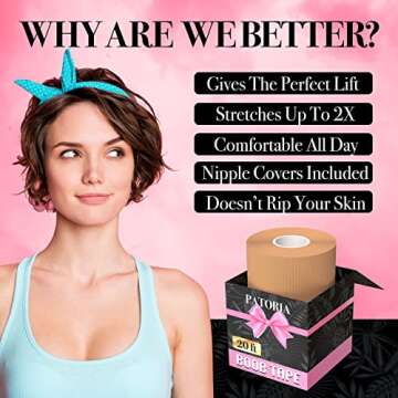 Patoria Boob Tape (20 ft) Boobytape, Body Tape, Bra Breast Lift Tape, 1 Pair of Silicone Nipple Covers, 3 Pairs of Satin Breast Petals (Sizes AA - D)