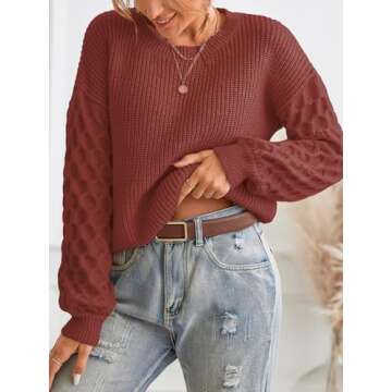 CUPSHE Women's Sweater Long Sleeve Crewneck Sweaters Cable Knit Jumper Tops Brick Red, XL