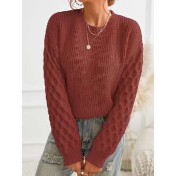 CUPSHE Women's Sweater Long Sleeve Crewneck Sweaters Cable Knit Jumper Tops Brick Red, XL