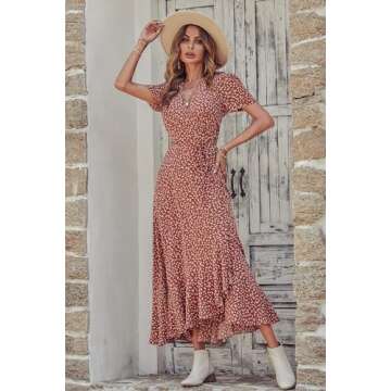 PRETTYGARDEN Women's Summer Wrap Maxi Dress Casual Boho Floral V Neck Short Sleeve Ruffle Hem Split ...