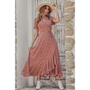 PRETTYGARDEN Women's Summer Wrap Maxi Dress Casual Boho Floral V Neck Short Sleeve Ruffle Hem Split Beach Long Dresses (Red White Floral,Large)