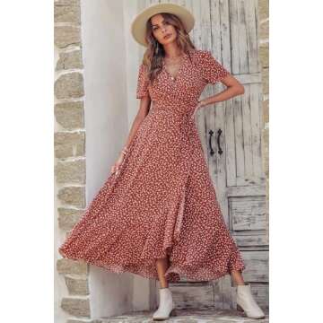PRETTYGARDEN Women's Summer Wrap Maxi Dress Casual Boho Floral V Neck Short Sleeve Ruffle Hem Split Beach Long Dresses (Red White Floral,Large)