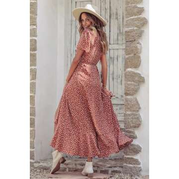 PRETTYGARDEN Women's Summer Wrap Maxi Dress Casual Boho Floral V Neck Short Sleeve Ruffle Hem Split Beach Long Dresses (Red White Floral,Large)