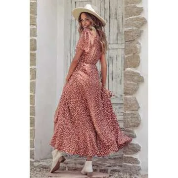 PRETTYGARDEN Women's Summer Wrap Maxi Dress Casual Boho Floral V Neck Short Sleeve Ruffle Hem Split Beach Long Dresses (Red White Floral,Large)