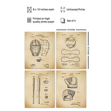 Baseball Patent Art Prints - Vintage Retro Wall Art Poster Set - Chic Contemporary Home Decor for Bo...