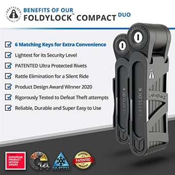 FoldyLock Compact Folding Bike Locks - Set of 2 Matching Bike Locks with 6 Identical Keys - Patented Lightweight Heavy Duty Anti Theft Locks with Carrying Cases for Bicycles and E-Bikes - 85 cm