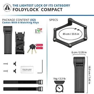 FoldyLock Compact Folding Bike Locks - Set of 2 Matching Bike Locks with 6 Identical Keys - Patented Lightweight Heavy Duty Anti Theft Locks with Carrying Cases for Bicycles and E-Bikes - 85 cm