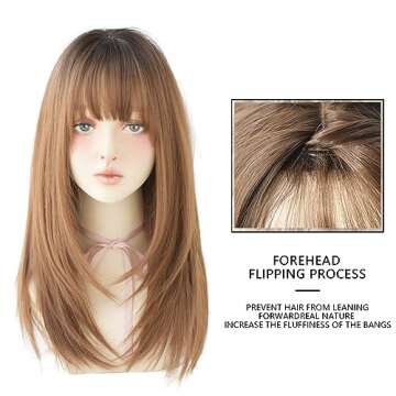 URCGTSA 22 Inches Black To Honey Long Straight Hair Wig Synthetic Natural Wig With Bangs Party Cospl...
