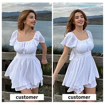 EXLURA Women’s Summer Ruffle Short Sleeve Square Neck Tie Back Rompers A-Line Flowy Wide Leg Short Mini Dressy Jumpsuits