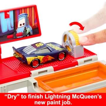 Mattel Disney Pixar Cars Transforming Truck & Toy Car Playset, Color Changers Paint Shop Mack with Detachable Cab, Lightning McQueen & Accessories