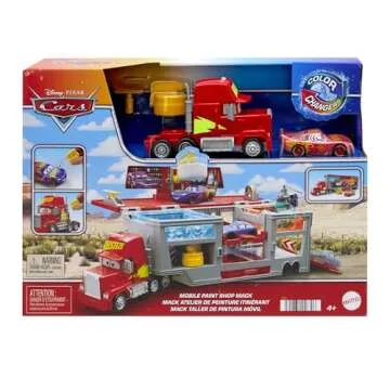 Mattel Disney Pixar Cars Transforming Truck & Toy Car Playset, Color Changers Paint Shop Mack with Detachable Cab, Lightning McQueen & Accessories