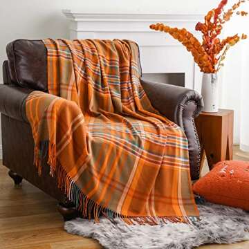 BATTILO HOME Orange Plaid Throw Blanket for Couch - Fall Throw Blanket - Lightweight Buffalo Plaid B...