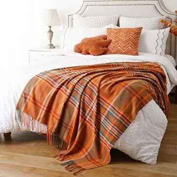 BATTILO HOME Orange Plaid Throw Blanket for Couch - Fall Throw Blanket - Lightweight Buffalo Plaid Blanket Throw Checkered Blanket for Bed, Sofa, Chair,Home Decor, Fall Decor