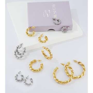 wowshow Chunky Gold Hoop Earrings, Twisted Hoop Earrings Lightweight Gold Hoops for Women 14K Gold Plated Hypoallergenic for Sensitive Ears 30mm