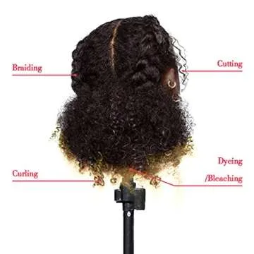 Rruaneal Afro Hair Mannequin Head With 100% Human Hair Curly Cosmetology Doll Head Stand for Display Hairdresser Practice Braiding Styling Training head mannequin（2# Black 10Inch）