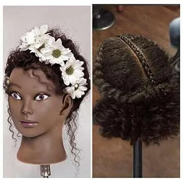 Rruaneal Afro Hair Mannequin Head With 100% Human Hair Curly Cosmetology Doll Head Stand for Display Hairdresser Practice Braiding Styling Training head mannequin（2# Black 10Inch）