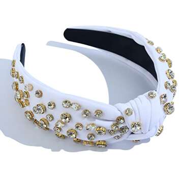 FEDANS Jeweled Headband for Women Girls Top Knot White Fancy Headband Crystal Embellished Hairband Ladies Fashion Nylon Hair Accessories