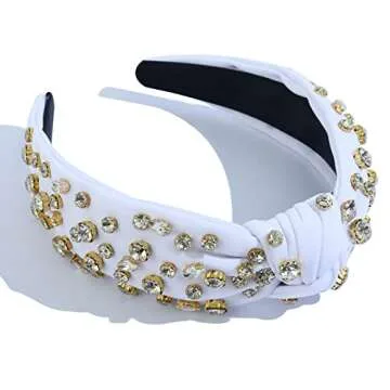 FEDANS Jeweled Headband for Women Girls Top Knot White Fancy Headband Crystal Embellished Hairband Ladies Fashion Nylon Hair Accessories