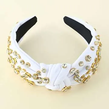FEDANS Jeweled Headband for Women Girls Top Knot White Fancy Headband Crystal Embellished Hairband Ladies Fashion Nylon Hair Accessories