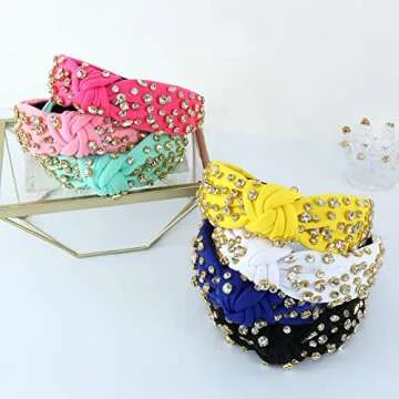 FEDANS Jeweled Headband for Women Girls Top Knot White Fancy Headband Crystal Embellished Hairband Ladies Fashion Nylon Hair Accessories