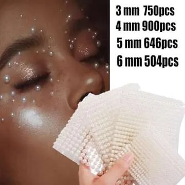 White Pearl Eyes Face 3D Self Adhesive Nail Rhinestones Temporary Tattoo Gems Dots Jewelry DIY Body Art Accessories Festival Decorations 4 Sheets