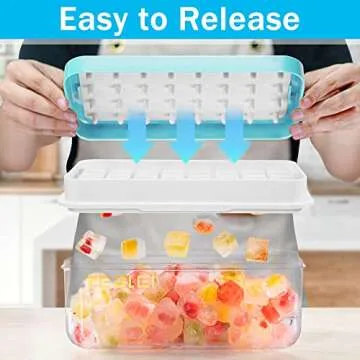 TEBLEI Ice Cube Tray with Lid and Bin, 64 Pcs Mini Ice Cube Trays with Scoop and Tongs, Ice Maker fo...