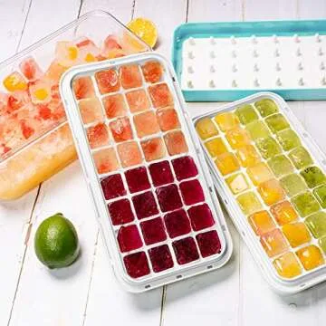 TEBLEI Ice Cube Tray with Lid and Bin, 64 Pcs Mini Ice Cube Trays with Scoop and Tongs, Ice Maker for Small Freezer, Kitchen Gadgets and Apartment Essentials, Easy-Release & Stackable