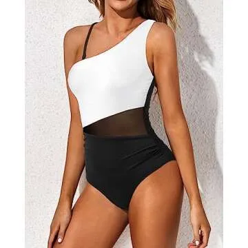 Yonique Women One Piece One Shoulder Swimsuit Mesh Bathing Suit Tummy Control Swimwear Black and White L