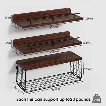 Xeapoms Floating Shelves with Wire Storage Basket, Wall Mounted Bathroom Shelves Over Toilet with Metal Guardrail, Rustic Wood Shelf for Bathroom Decor,Bedroom,Living Room,Kitchen – Rustic Brown