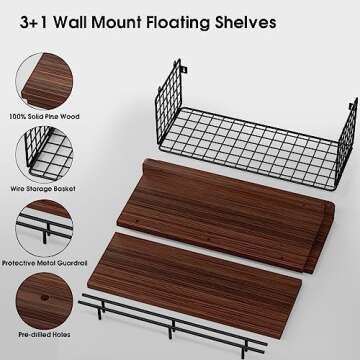 Xeapoms Floating Shelves with Wire Storage Basket, Wall Mounted Bathroom Shelves Over Toilet with Metal Guardrail, Rustic Wood Shelf for Bathroom Decor,Bedroom,Living Room,Kitchen – Rustic Brown