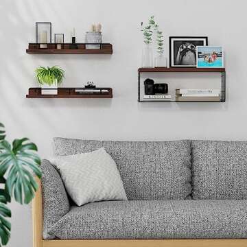 Xeapoms Floating Shelves with Wire Storage Basket, Wall Mounted Bathroom Shelves Over Toilet with Metal Guardrail, Rustic Wood Shelf for Bathroom Decor,Bedroom,Living Room,Kitchen – Rustic Brown