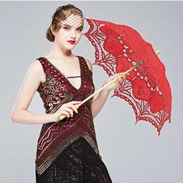BABEYOND Lace Umbrella Parasol Vintage Wedding Bridal Umbrella for Decoration Photo Lady Costume 1920s Party (Red)