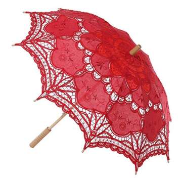 BABEYOND Lace Umbrella Parasol Vintage Wedding Bridal Umbrella for Decoration Photo Lady Costume 1920s Party (Red)