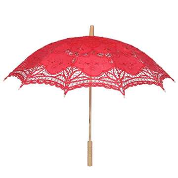 BABEYOND Lace Umbrella Parasol Vintage Wedding Bridal Umbrella for Decoration Photo Lady Costume 1920s Party (Red)