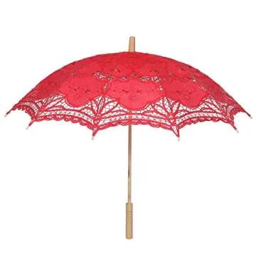BABEYOND Lace Umbrella Parasol Vintage Wedding Bridal Umbrella for Decoration Photo Lady Costume 1920s Party (Red)