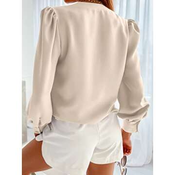 Women's Business Casual Tops Summer Long Sleeve Silk Button Down Shirts V Neck Chiffon Blouses A-Bei...