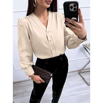 Women's Business Casual Tops Summer Long Sleeve Silk Button Down Shirts V Neck Chiffon Blouses A-Beige