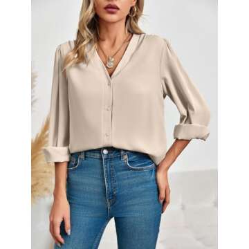 Women's Business Casual Tops Summer Long Sleeve Silk Button Down Shirts V Neck Chiffon Blouses A-Beige