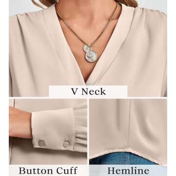 Women's Business Casual Tops Summer Long Sleeve Silk Button Down Shirts V Neck Chiffon Blouses A-Beige